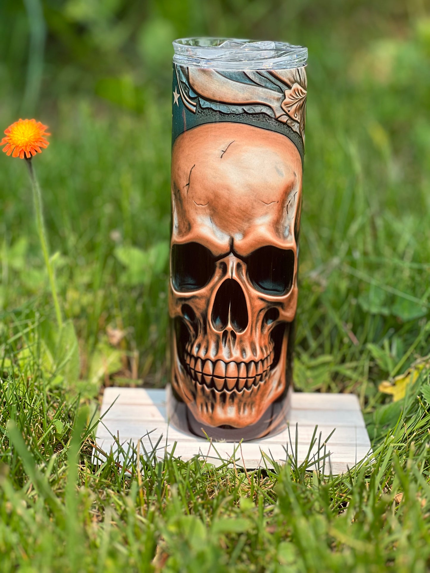 Tooled Leather Skull with American Flag