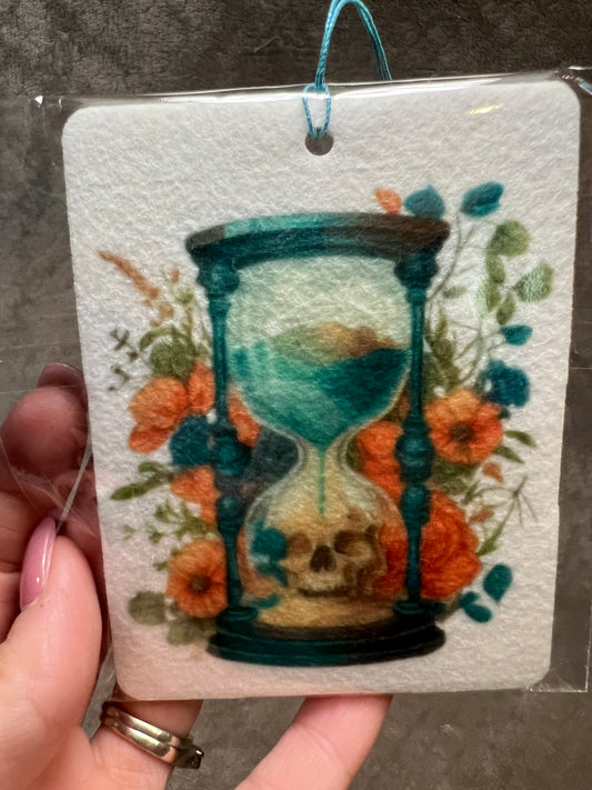 Hour Glass With Skull and Flowers